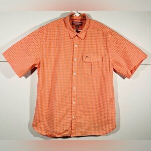 Simms Fishing Products Men’s Button Up Shirt Orange Striped Check Sz XL Outdoor